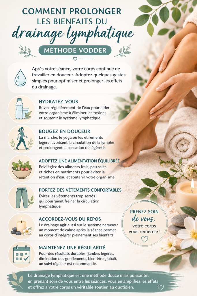 Découvrez comment prolonger les bienfaits du drainage lymphatique méthode Vodder : hydratation, conseils simples et résultats durables.