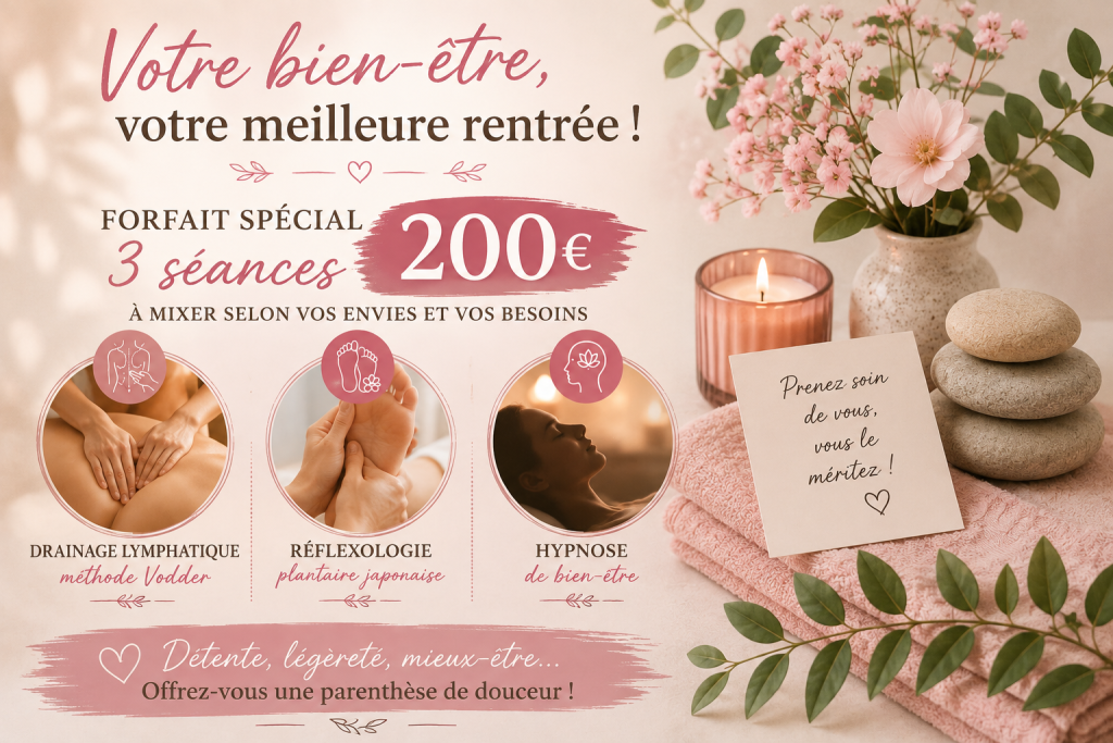 Promo rentrée bien-être – 3 séances à 200 € – Patricia Fink drainage lymphatique a auray et parthenay de bretagne Promo rentrée bien-être – 3 séances à 200 € – Patricia Fink drainage lymphatique a auray et parthenay de bretagne