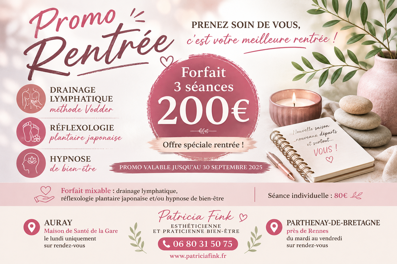 Promo rentrée 3 séances bien-être 200 € – Patricia Fink à Auray et Parthenay-de-Bretagne